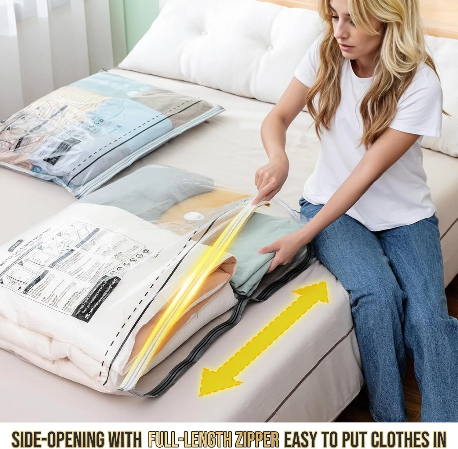 TAILI-LONG SIDE ZIP 4 Pack Vacuum Storage Bags, Vacuum Seal Bags for Clothing(39x28 inches), Jumbo Storage Space Saver for Beddings, Comforters, Blanket, Pillows and Clothes