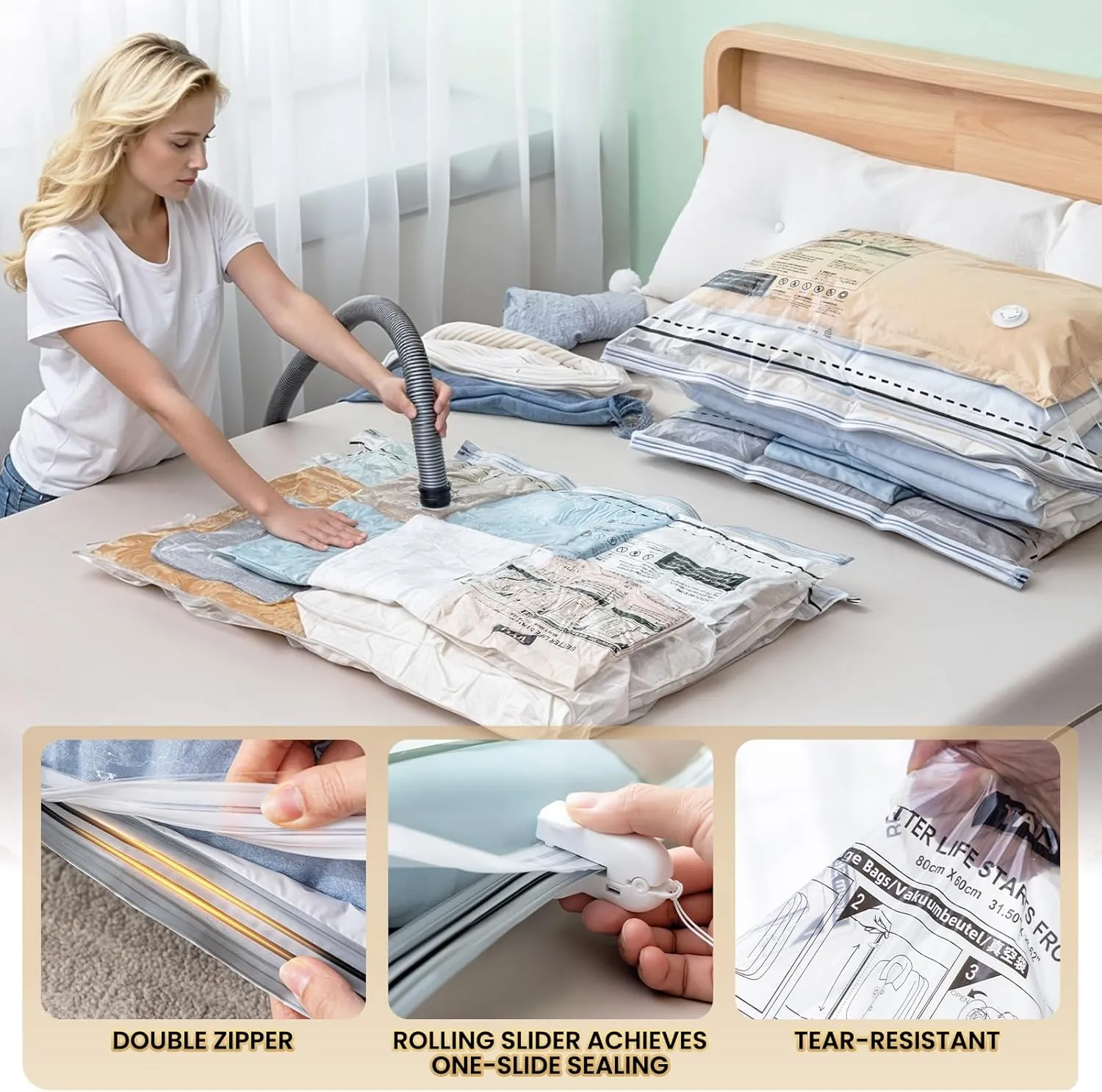 TAILI-LONG SIDE ZIP 4 Pack Vacuum Storage Bags, Vacuum Seal Bags for Clothing(39x28 inches), Jumbo Storage Space Saver for Beddings, Comforters, Blanket, Pillows and Clothes