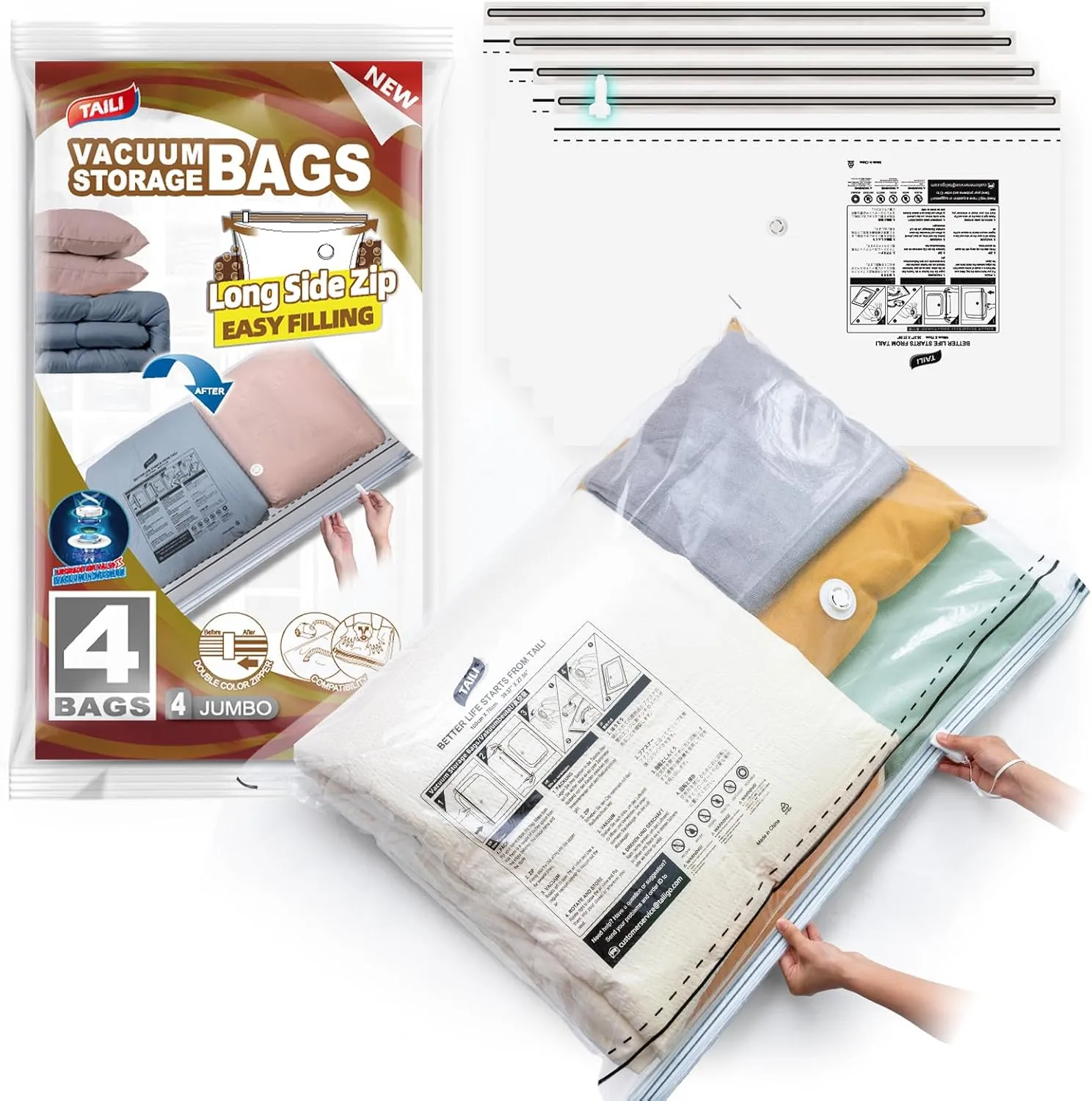 TAILI-LONG SIDE ZIP 4 Pack Vacuum Storage Bags, Vacuum Seal Bags for Clothing(39x28 inches), Jumbo Storage Space Saver for Beddings, Comforters, Blanket, Pillows and Clothes