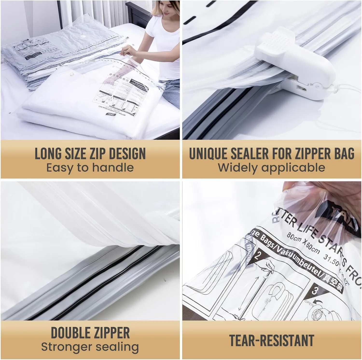 TAILI LONG SIDE ZIP 8 Pack Jumbo Vacuum Storage Bags, Space Saver for Bedding, Towels, Blankets, Pillows, Clothes, Vacuum Seal Bags for Clothing Ideal Under Bed Storage Solution, 40x28 inch