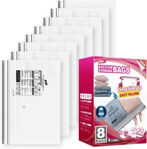 TAILI LONG SIDE ZIP 8 Pack Jumbo Vacuum Storage Bags, Space Saver for Bedding, Towels, Blankets, Pillows, Clothes, Vacuum Seal Bags for Clothing Ideal Under Bed Storage Solution, 40x28 inch