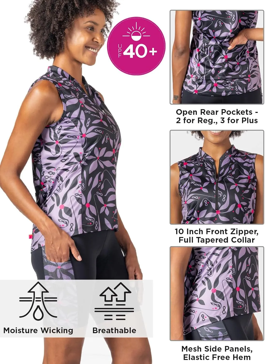 Terry Breakaway Mesh Sleeveless Cycling Jersey Women UPF 50  10 Inch Front Zip Relaxed Fit Tank Reg. & Plus Sizes