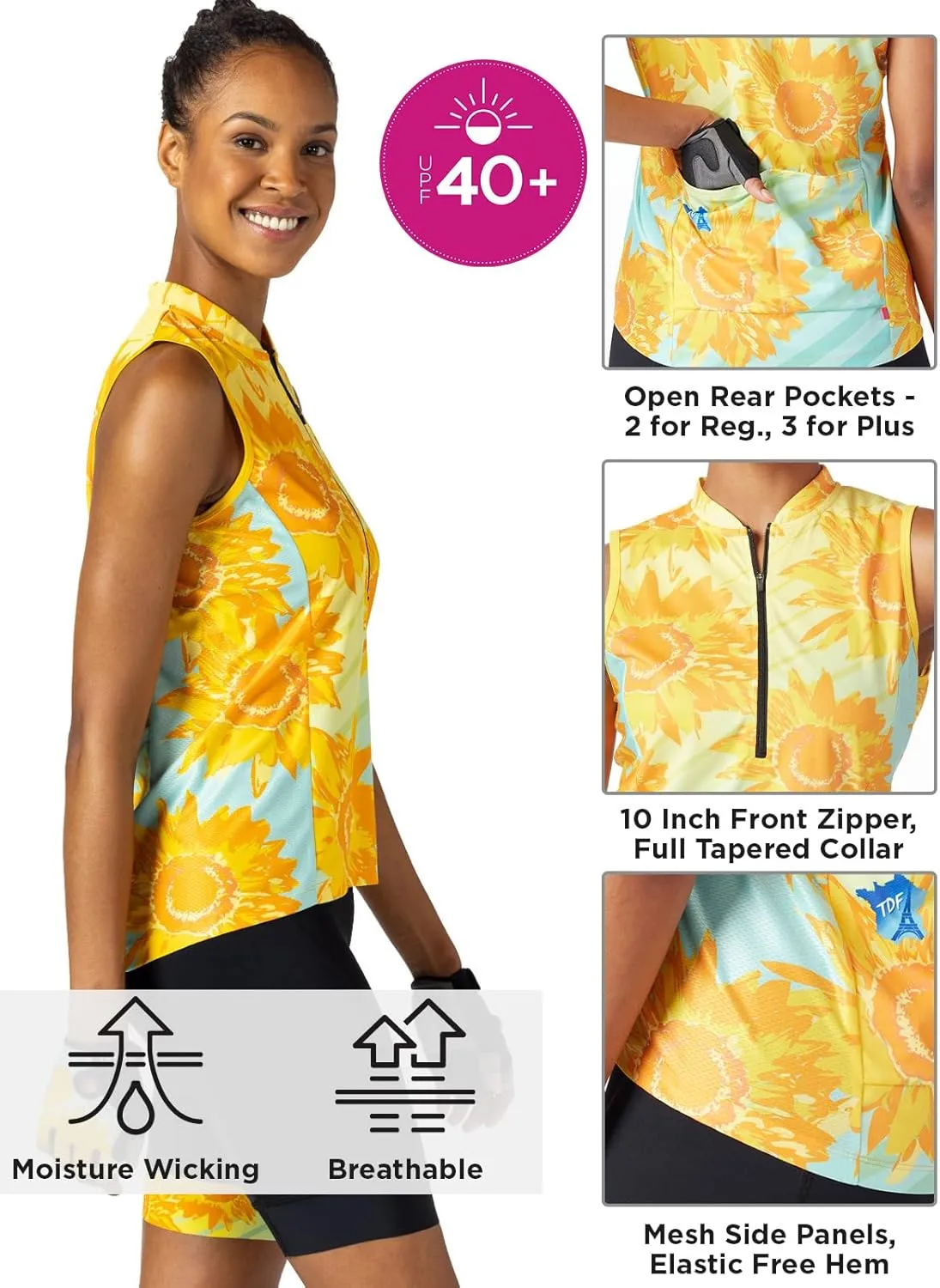 Terry Breakaway Mesh Sleeveless Cycling Jersey Women UPF 50  10 Inch Front Zip Relaxed Fit Tank Reg. & Plus Sizes