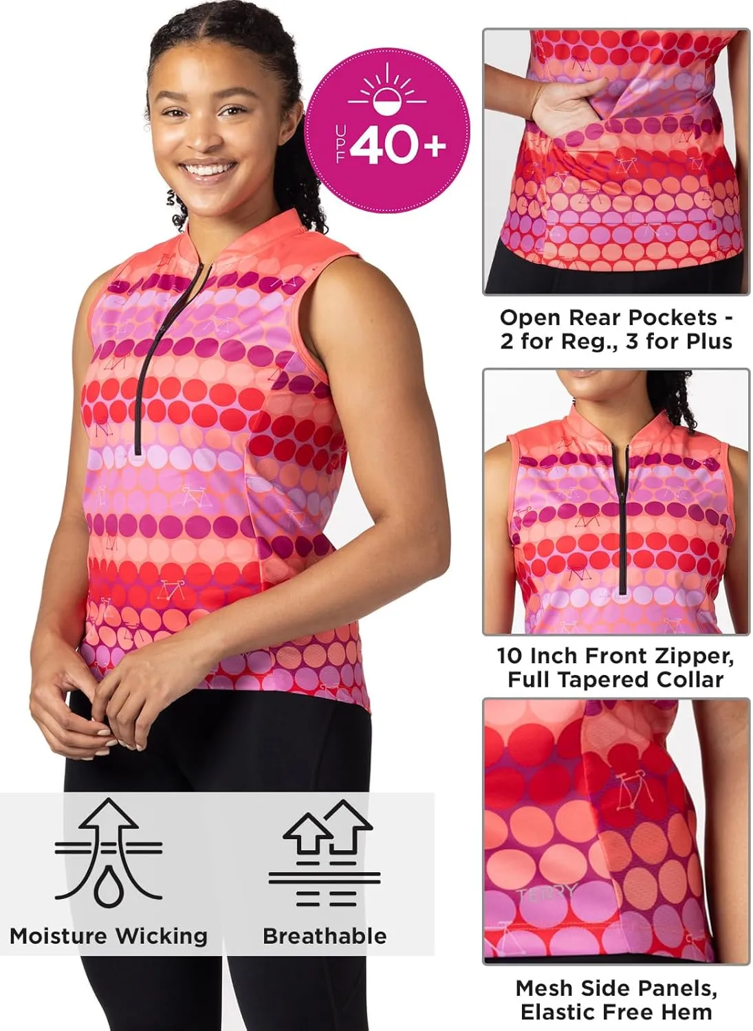 Terry Breakaway Mesh Sleeveless Cycling Jersey Women UPF 50  10 Inch Front Zip Relaxed Fit Tank Reg. & Plus Sizes