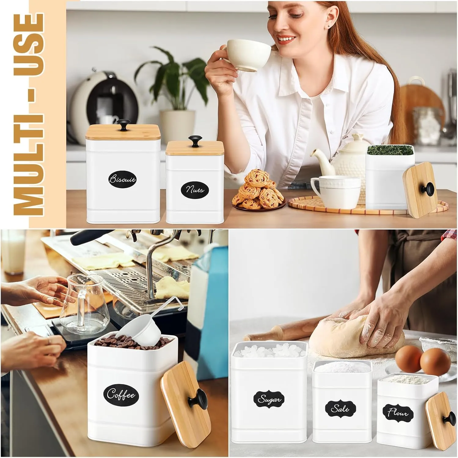 Tioncy Kitchen Canisters for Countertop Set of 3 Metal Canisters Sets with Bamboo Lids Spoon Airtight High Capacity Coffee Tea Sugar Flour Jars with DIY Labels Farmhouse Food Storage (White)
