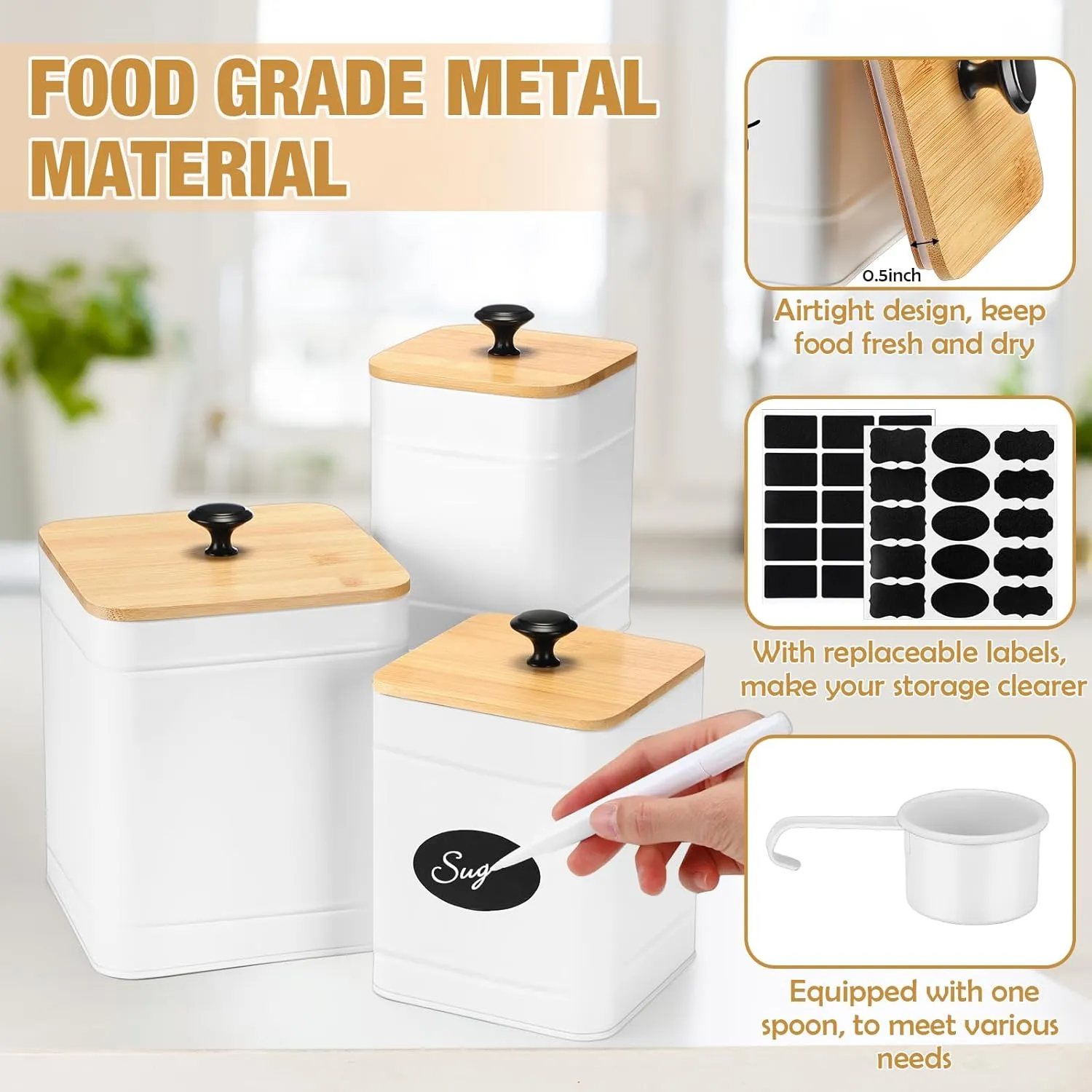 Tioncy Kitchen Canisters for Countertop Set of 3 Metal Canisters Sets with Bamboo Lids Spoon Airtight High Capacity Coffee Tea Sugar Flour Jars with DIY Labels Farmhouse Food Storage (White)