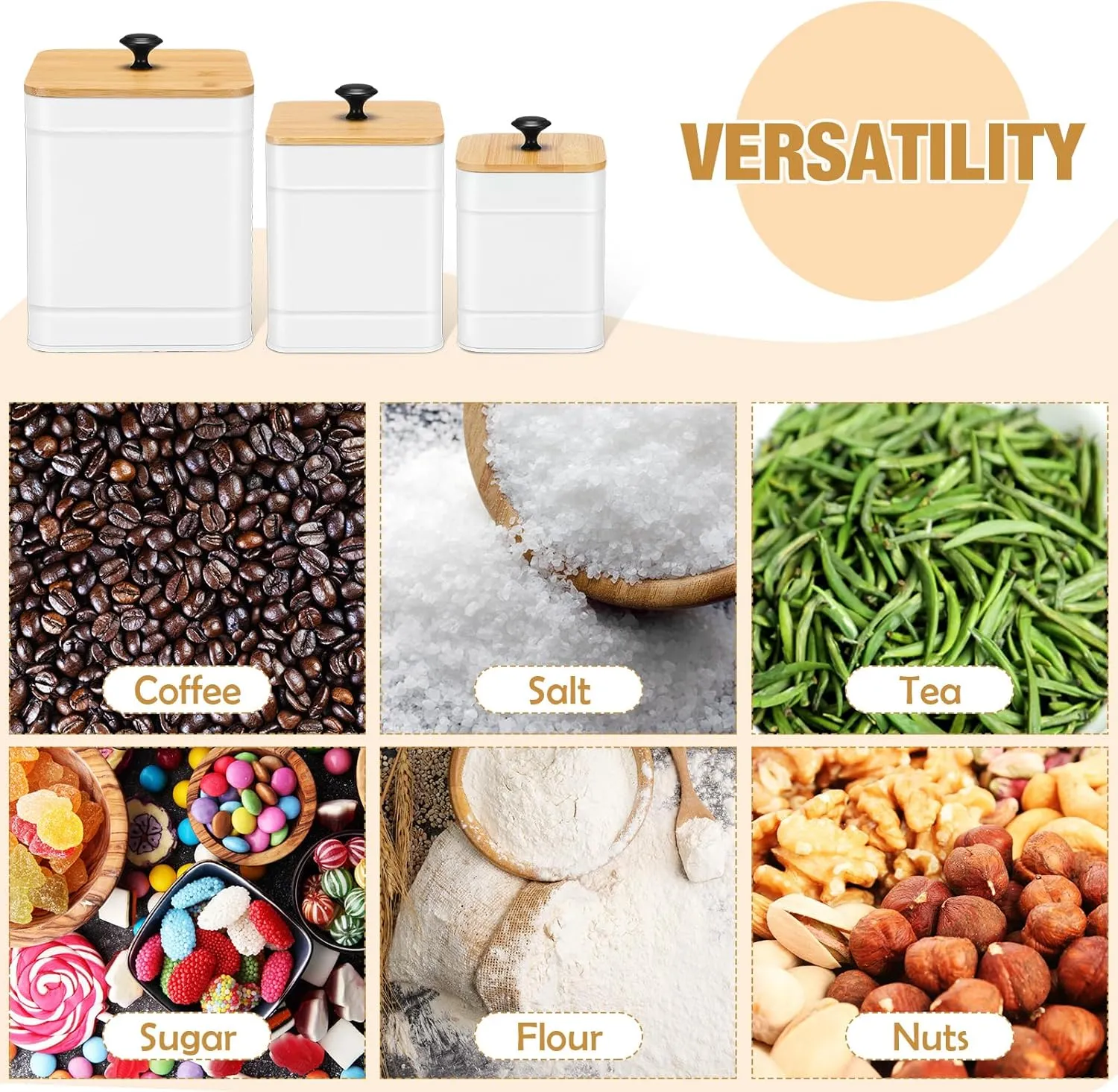 Tioncy Kitchen Canisters for Countertop Set of 3 Metal Canisters Sets with Bamboo Lids Spoon Airtight High Capacity Coffee Tea Sugar Flour Jars with DIY Labels Farmhouse Food Storage (White)