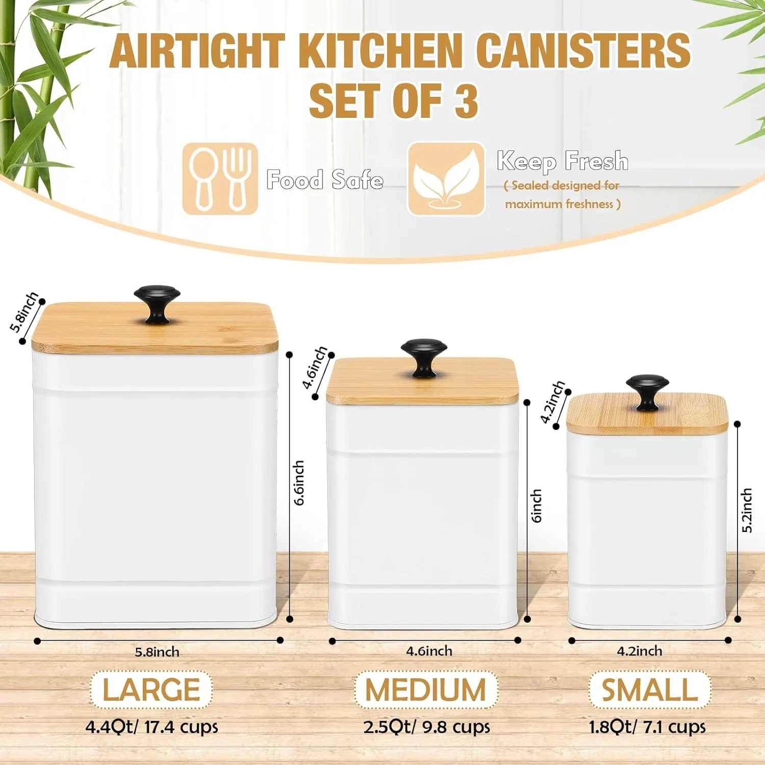 Tioncy Kitchen Canisters for Countertop Set of 3 Metal Canisters Sets with Bamboo Lids Spoon Airtight High Capacity Coffee Tea Sugar Flour Jars with DIY Labels Farmhouse Food Storage (White)