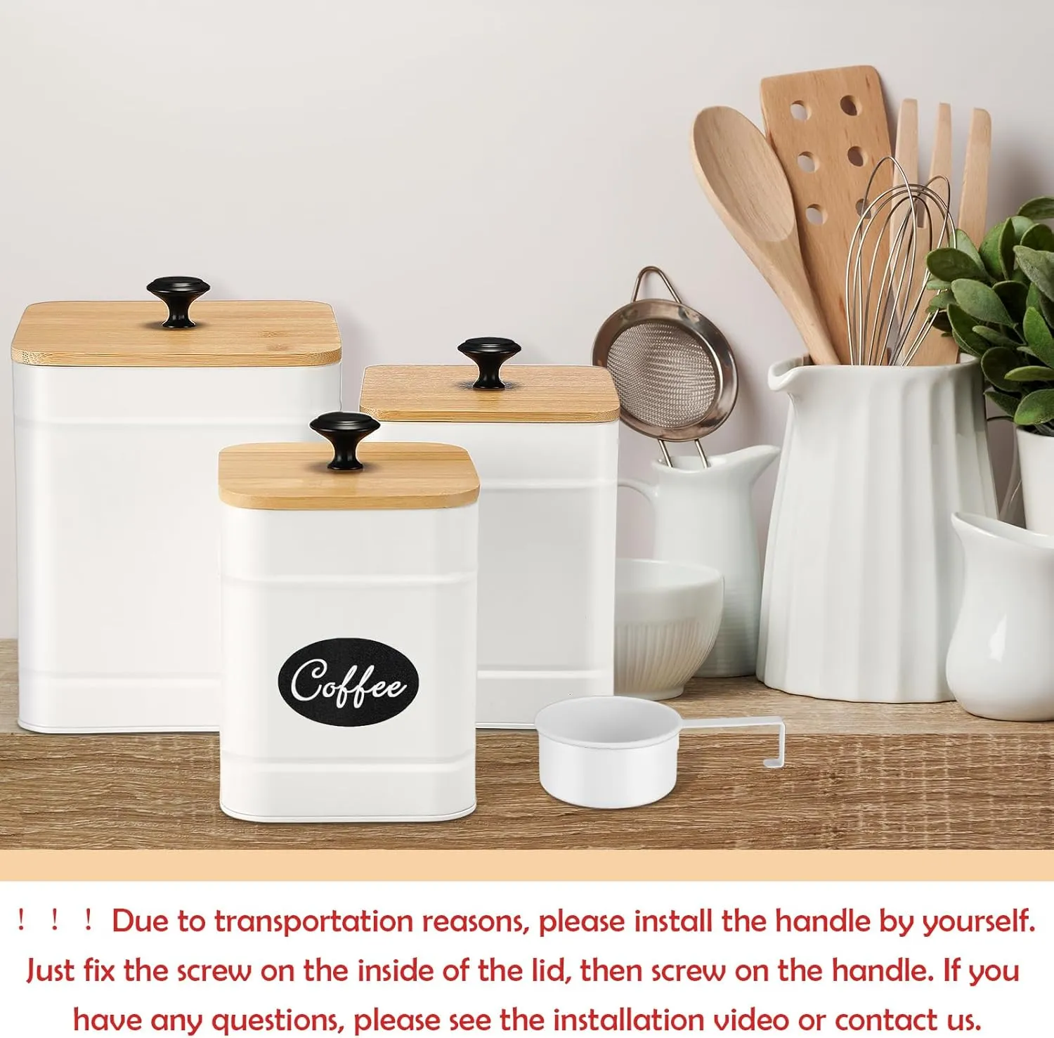 Tioncy Kitchen Canisters for Countertop Set of 3 Metal Canisters Sets with Bamboo Lids Spoon Airtight High Capacity Coffee Tea Sugar Flour Jars with DIY Labels Farmhouse Food Storage (White)