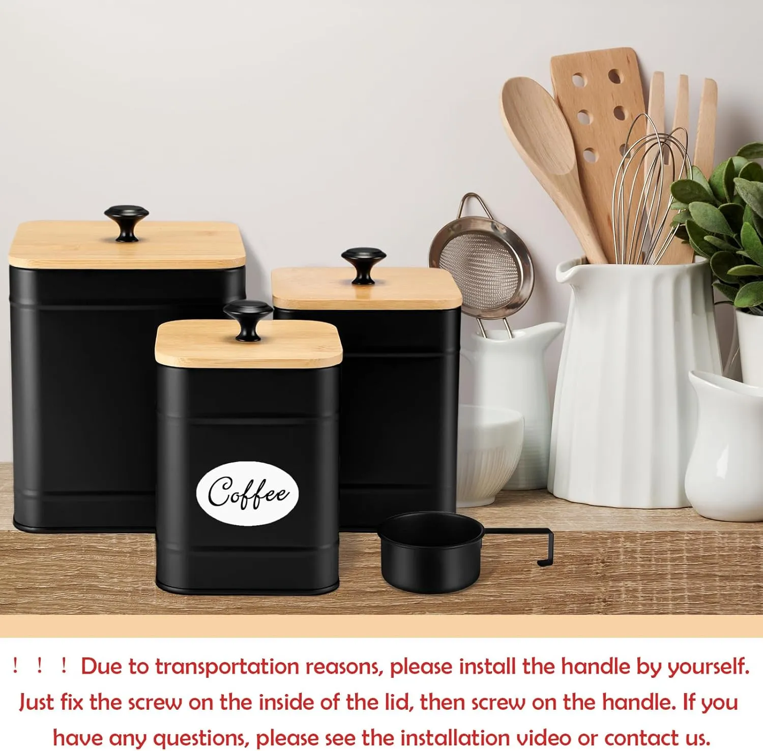 Tioncy Kitchen Canisters for Countertop Set of 3 Metal Canisters Sets with Bamboo Lids Spoon Airtight High Capacity Coffee Tea Sugar Flour Jars with DIY Labels Farmhouse Food Storage(Black,L,M,S)