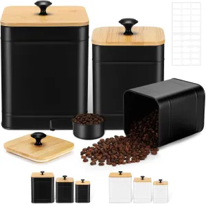Tioncy Kitchen Canisters for Countertop Set of 3 Metal Canisters Sets with Bamboo Lids Spoon Airtight High Capacity Coffee Tea Sugar Flour Jars with DIY Labels Farmhouse Food Storage(Black,L,M,S)