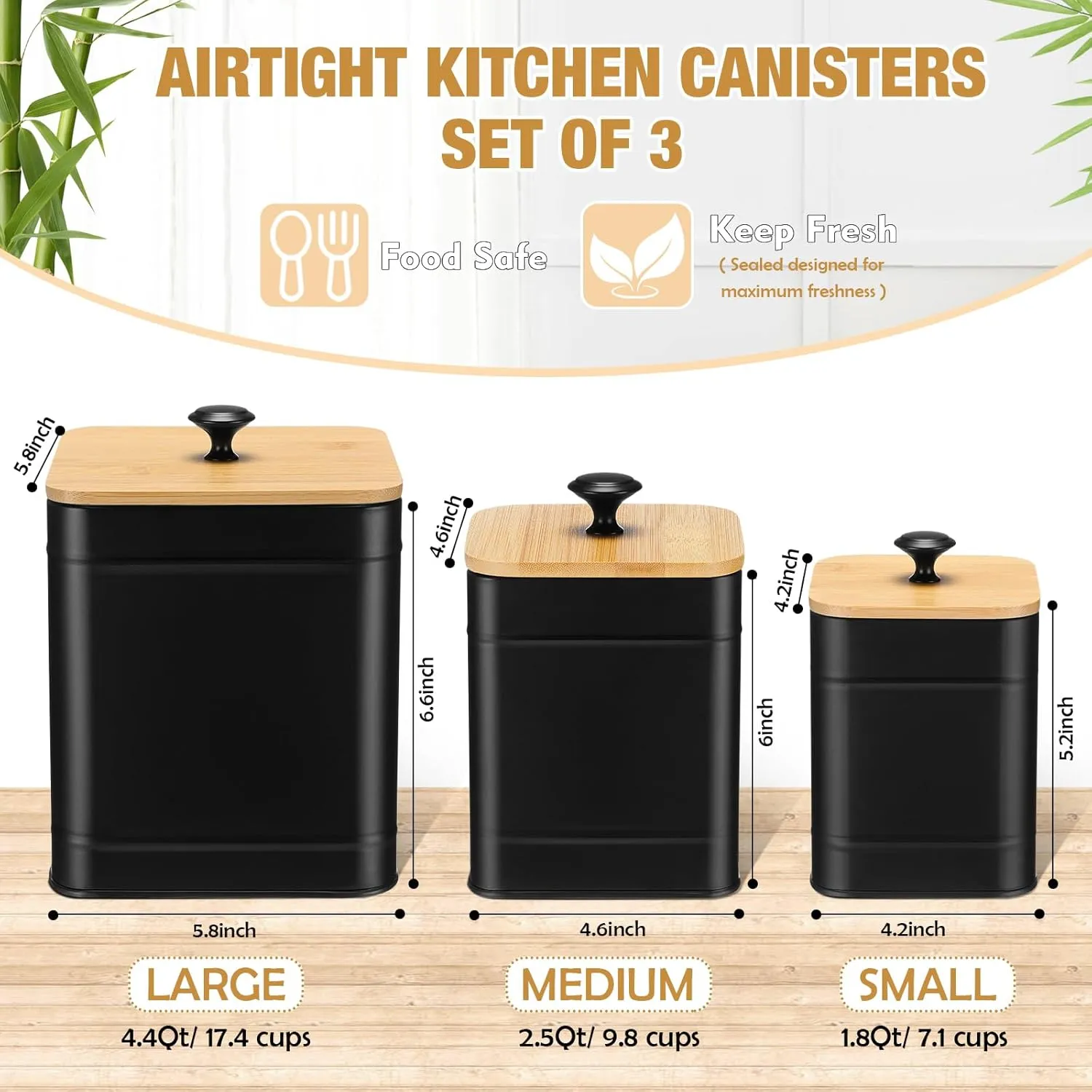 Tioncy Kitchen Canisters for Countertop Set of 3 Metal Canisters Sets with Bamboo Lids Spoon Airtight High Capacity Coffee Tea Sugar Flour Jars with DIY Labels Farmhouse Food Storage(Black,L,M,S)