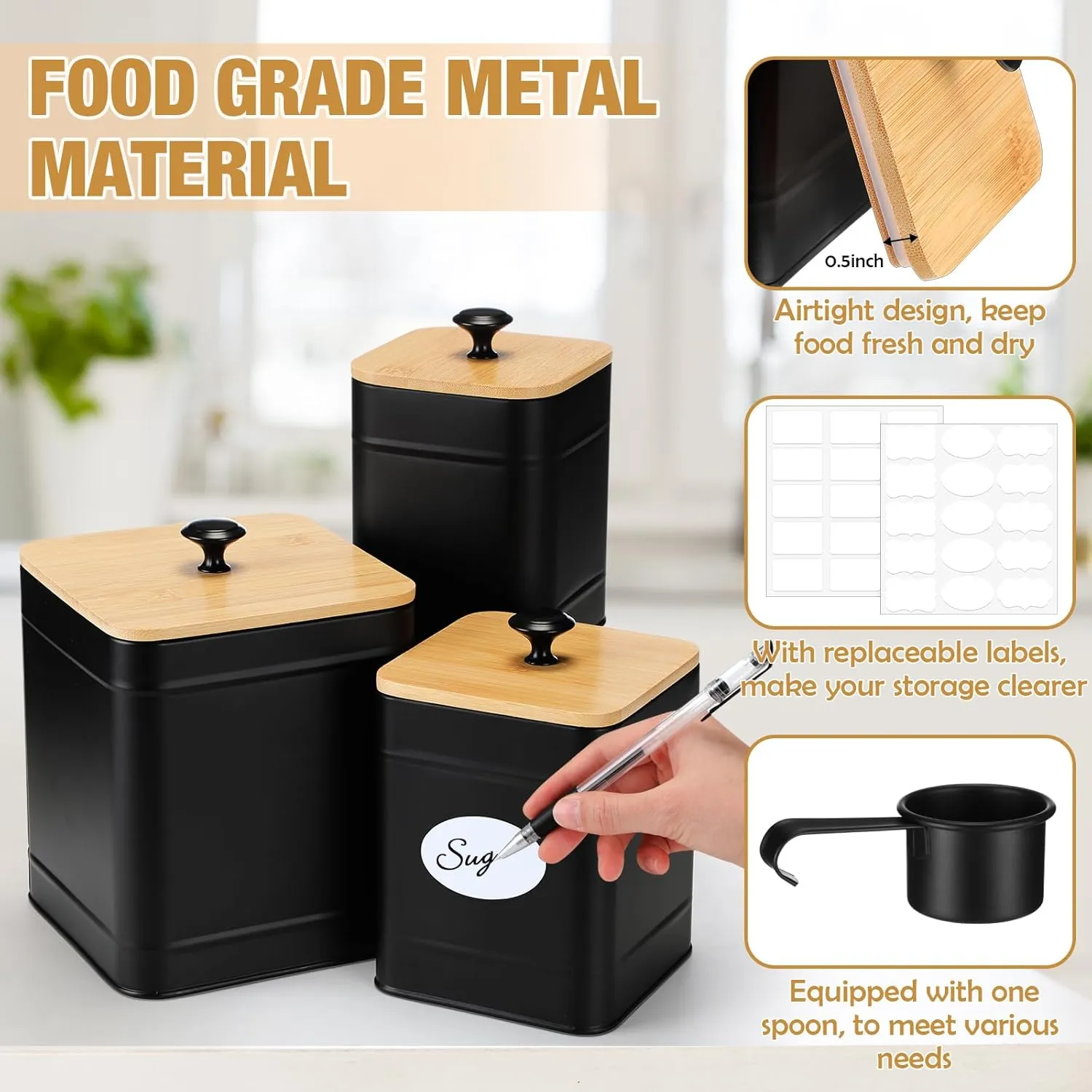 Tioncy Kitchen Canisters for Countertop Set of 3 Metal Canisters Sets with Bamboo Lids Spoon Airtight High Capacity Coffee Tea Sugar Flour Jars with DIY Labels Farmhouse Food Storage(Black,L,M,S)