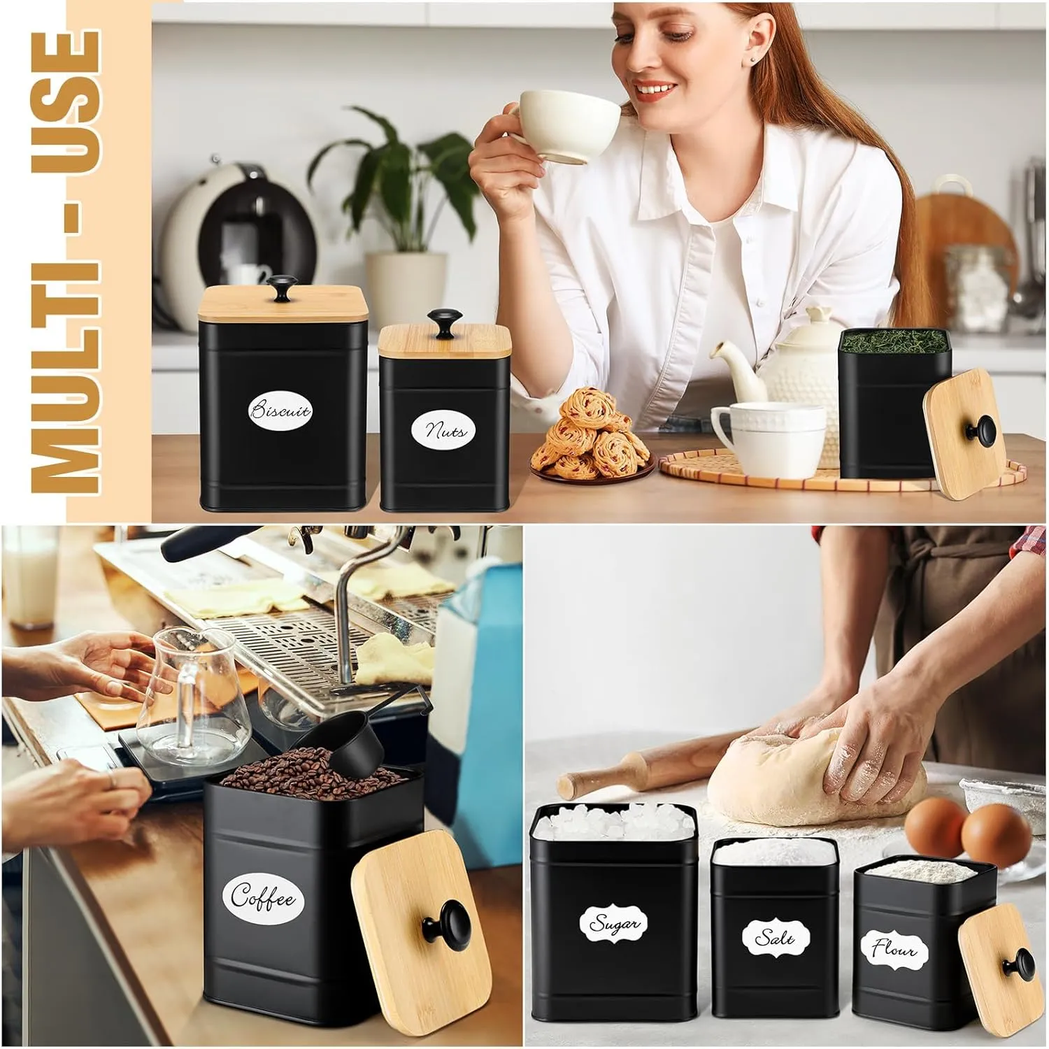 Tioncy Kitchen Canisters for Countertop Set of 3 Metal Canisters Sets with Bamboo Lids Spoon Airtight High Capacity Coffee Tea Sugar Flour Jars with DIY Labels Farmhouse Food Storage(Black,L,M,S)