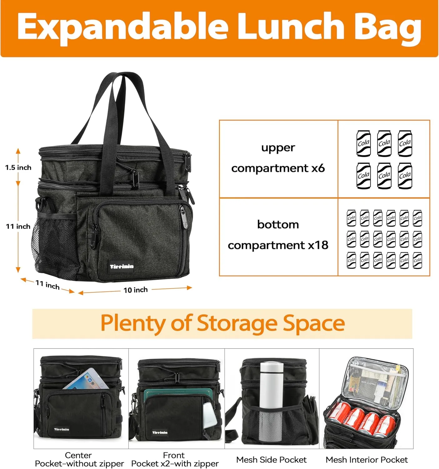Tirrinia Expandable Insulated Lunch Bag - Double Deck Leakproof Lunch Box for Men Women - Large Reusable Cooler Tote for Picnic, Travel, Office