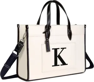 TOPDesign Initial 15.6" Laptop Tote Bag for Women, Personalized Canvas Work Purse, Business Briefcase & Office Handbag