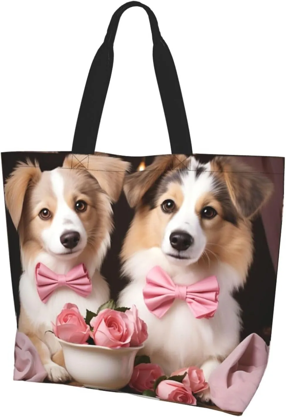Tote Bag for Women Grocery Bag Reusable Aesthetic Shopping Bags Romantic Love Couple Dog Beach Handbag