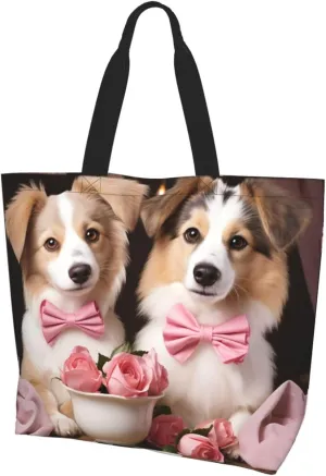 Tote Bag for Women Grocery Bag Reusable Aesthetic Shopping Bags Romantic Love Couple Dog Beach Handbag