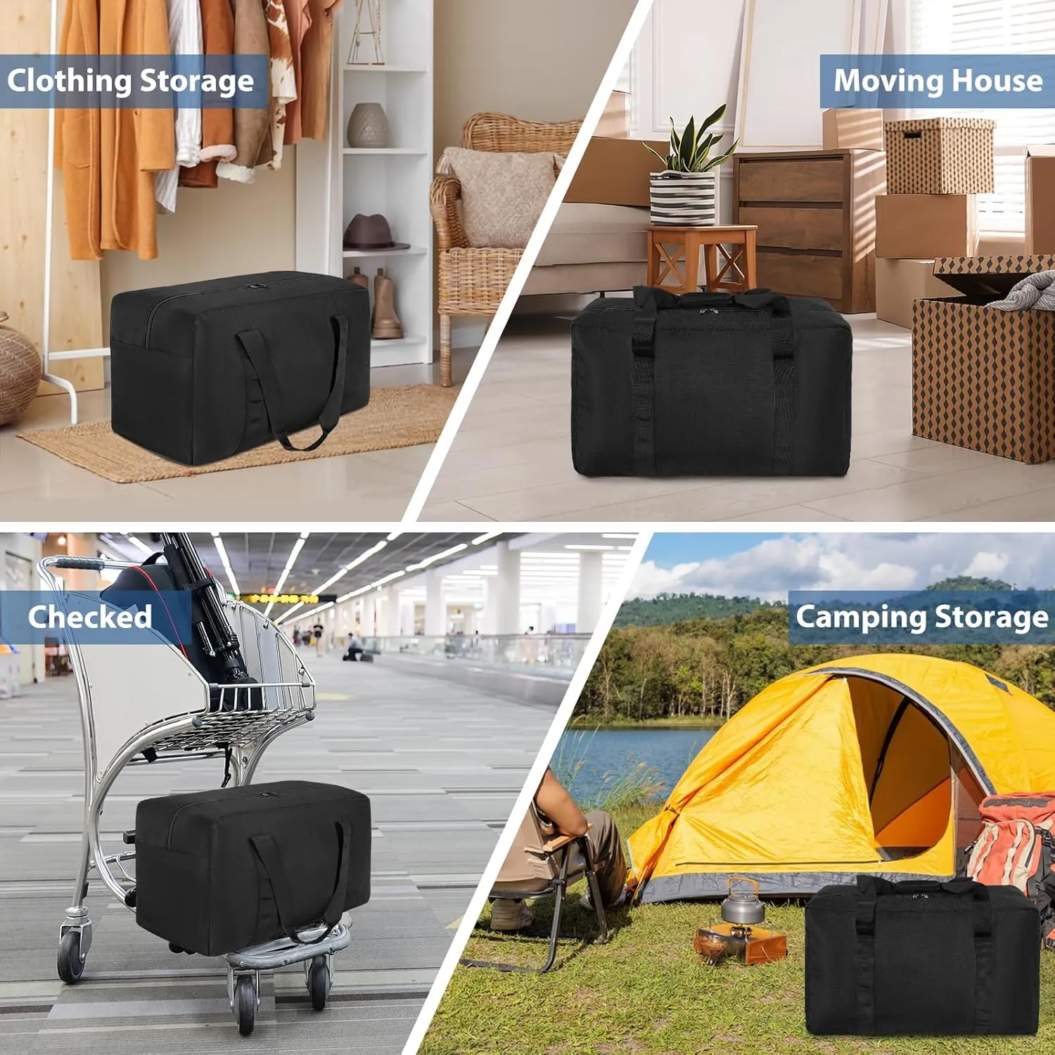 Travel Duffle Bag, 70L Gear Bag for Men and Women, Storage Bag Ideal for Overnight Camping and Weekend Getaways, Black