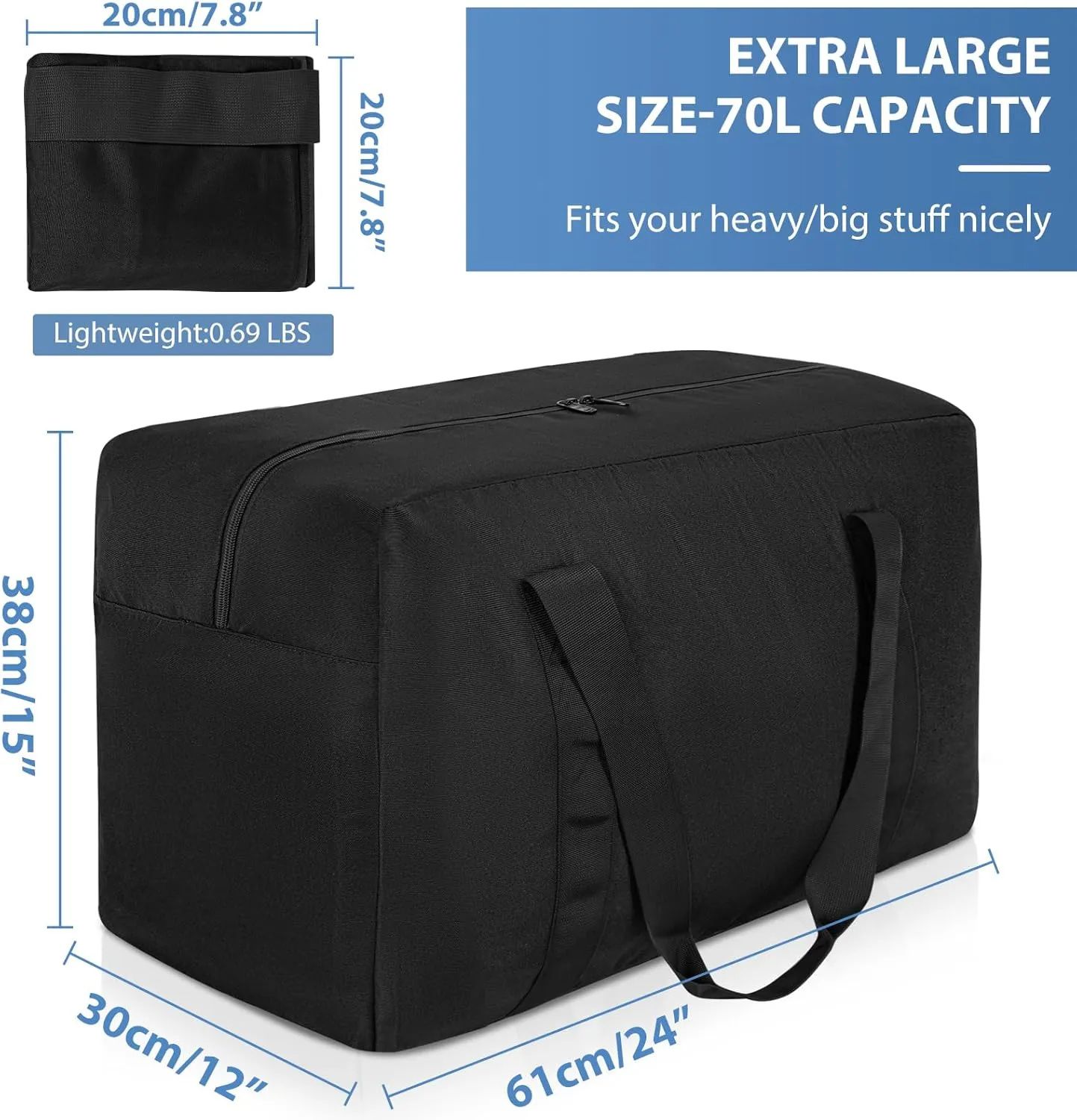 Travel Duffle Bag, 70L Gear Bag for Men and Women, Storage Bag Ideal for Overnight Camping and Weekend Getaways, Black
