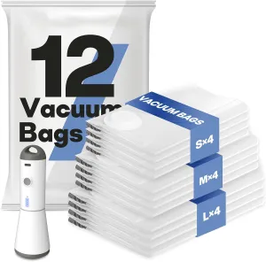 Travel Vacuum Bags with Wireless Charging Air Pump, 12 Pack Vacuum Storage Seal Bags for Clothing(4 Large 4 Medium 4 Small), Compression Packing for Clothes Suitcase Luggage