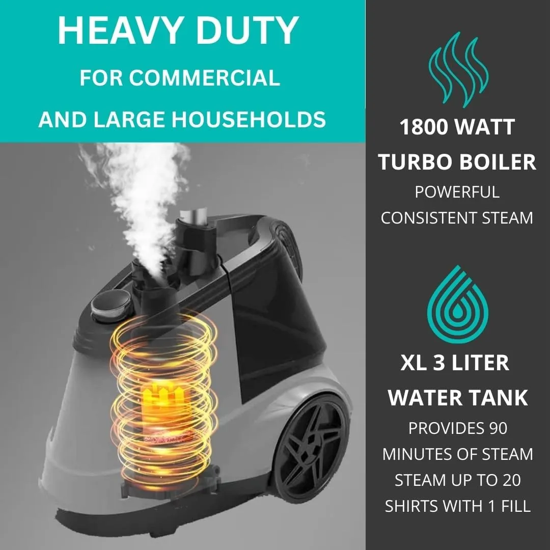 True & Tidy Heavy Duty Commercial Full Size Standing Garment Steamer for Clothes with Extra Large 2.9L (98 oz) Water Tank for 90  mins of Steam Time, 1800 watts of Powerful Steam, 3 Settings, Gray