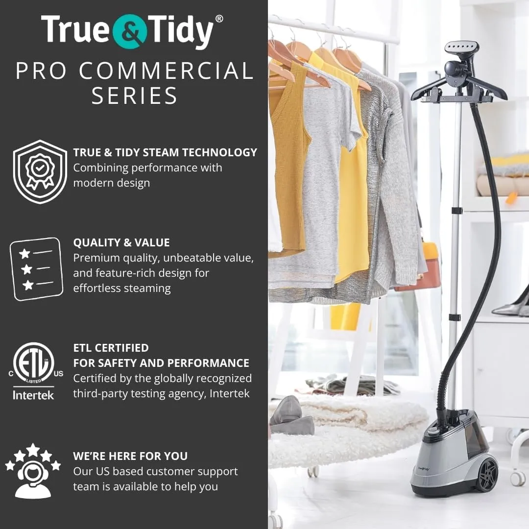True & Tidy Heavy Duty Commercial Full Size Standing Garment Steamer for Clothes with Extra Large 2.9L (98 oz) Water Tank for 90  mins of Steam Time, 1800 watts of Powerful Steam, 3 Settings, Gray