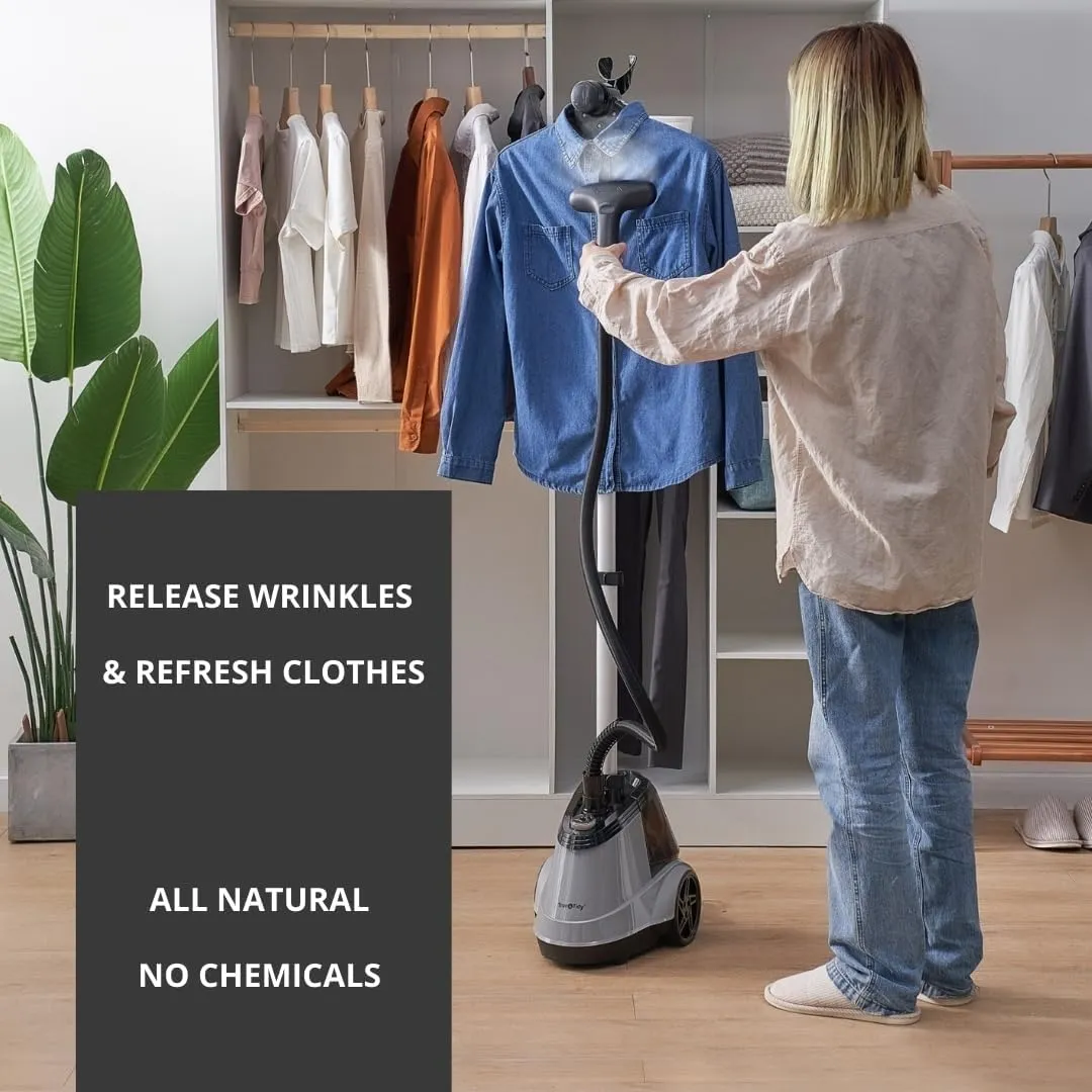True & Tidy Heavy Duty Commercial Full Size Standing Garment Steamer for Clothes with Extra Large 2.9L (98 oz) Water Tank for 90  mins of Steam Time, 1800 watts of Powerful Steam, 3 Settings, Gray