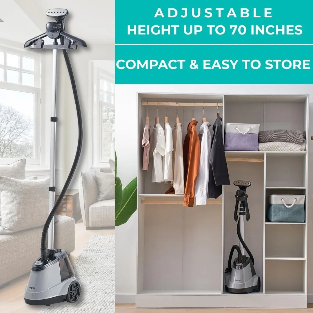 True & Tidy Heavy Duty Commercial Full Size Standing Garment Steamer for Clothes with Extra Large 2.9L (98 oz) Water Tank for 90  mins of Steam Time, 1800 watts of Powerful Steam, 3 Settings, Gray