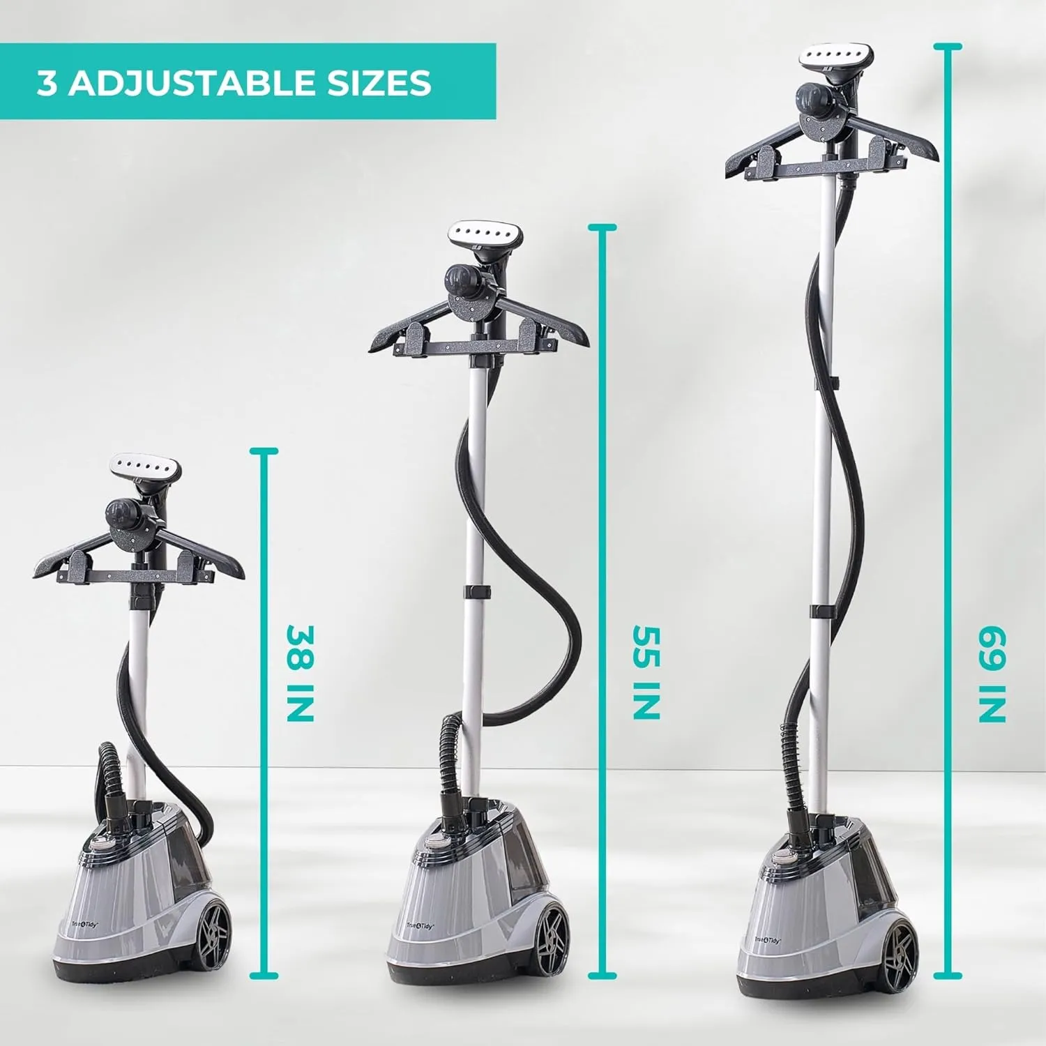 True & Tidy Heavy Duty Commercial Full Size Standing Garment Steamer for Clothes with Extra Large 2.9L (98 oz) Water Tank for 90  mins of Steam Time, 1800 watts of Powerful Steam, 3 Settings, Gray