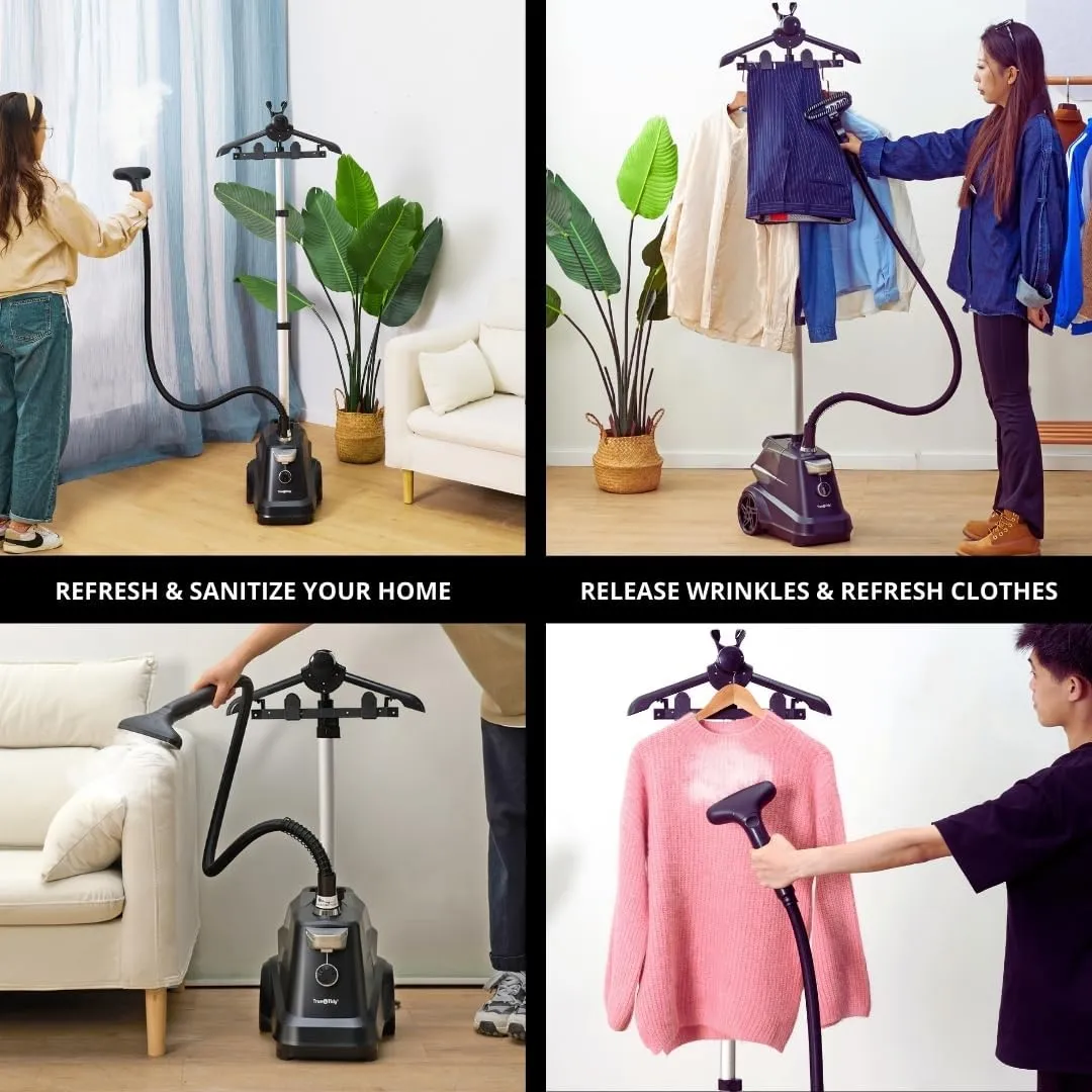 True & Tidy® Heavy-Duty Commercial Industrial Standing Garment Steamer for Clothes, 1800 watts, XL 3L water tank 90  mins of Steam 3 Steam Settings, Step On/Off Control, Wheels for Easy Movement