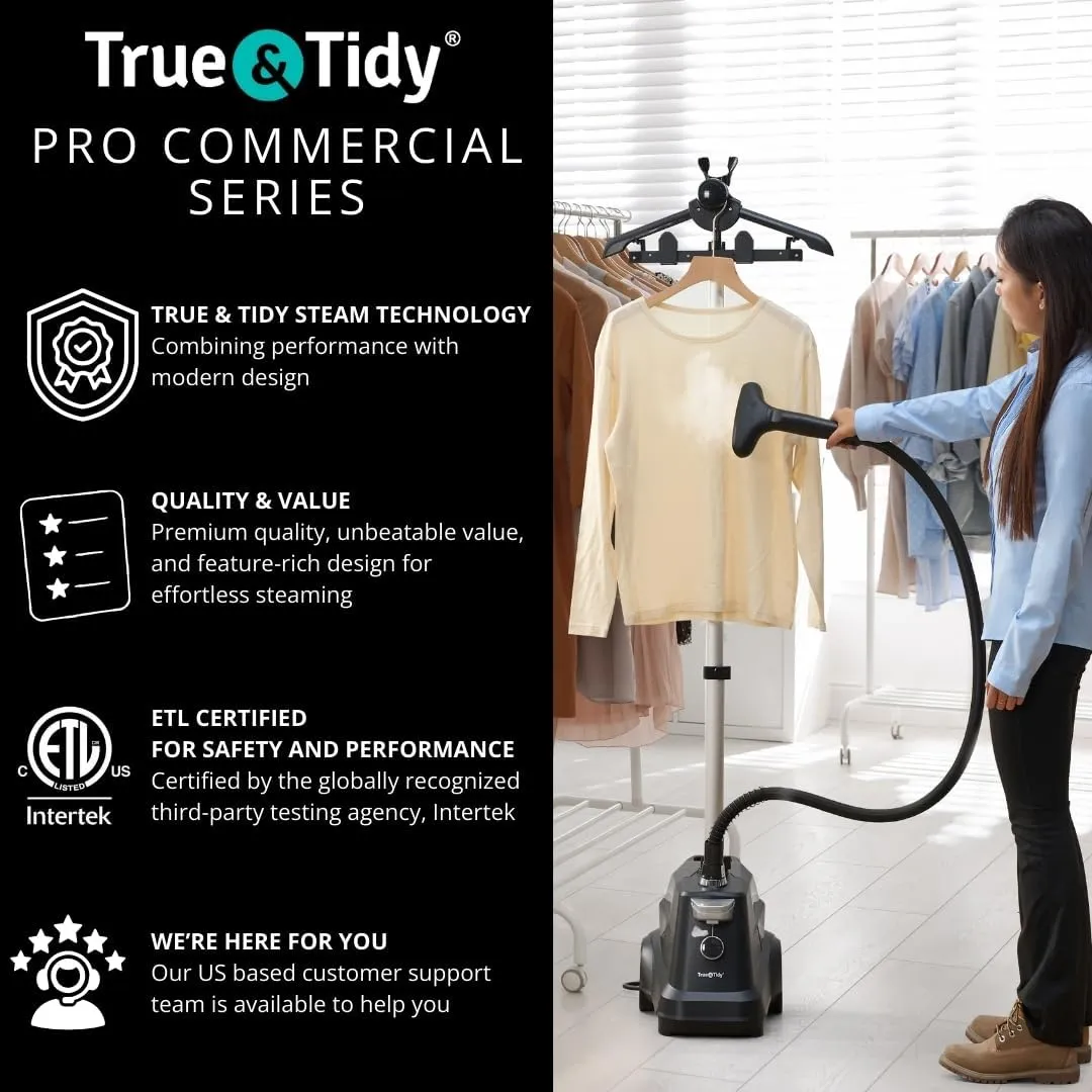 True & Tidy® Heavy-Duty Commercial Industrial Standing Garment Steamer for Clothes, 1800 watts, XL 3L water tank 90  mins of Steam 3 Steam Settings, Step On/Off Control, Wheels for Easy Movement