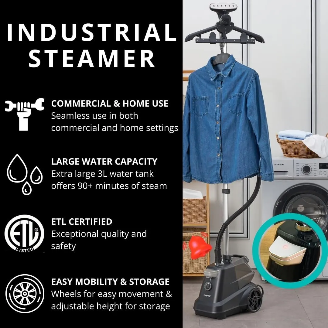 True & Tidy® Heavy-Duty Commercial Industrial Standing Garment Steamer for Clothes, 1800 watts, XL 3L water tank 90  mins of Steam 3 Steam Settings, Step On/Off Control, Wheels for Easy Movement
