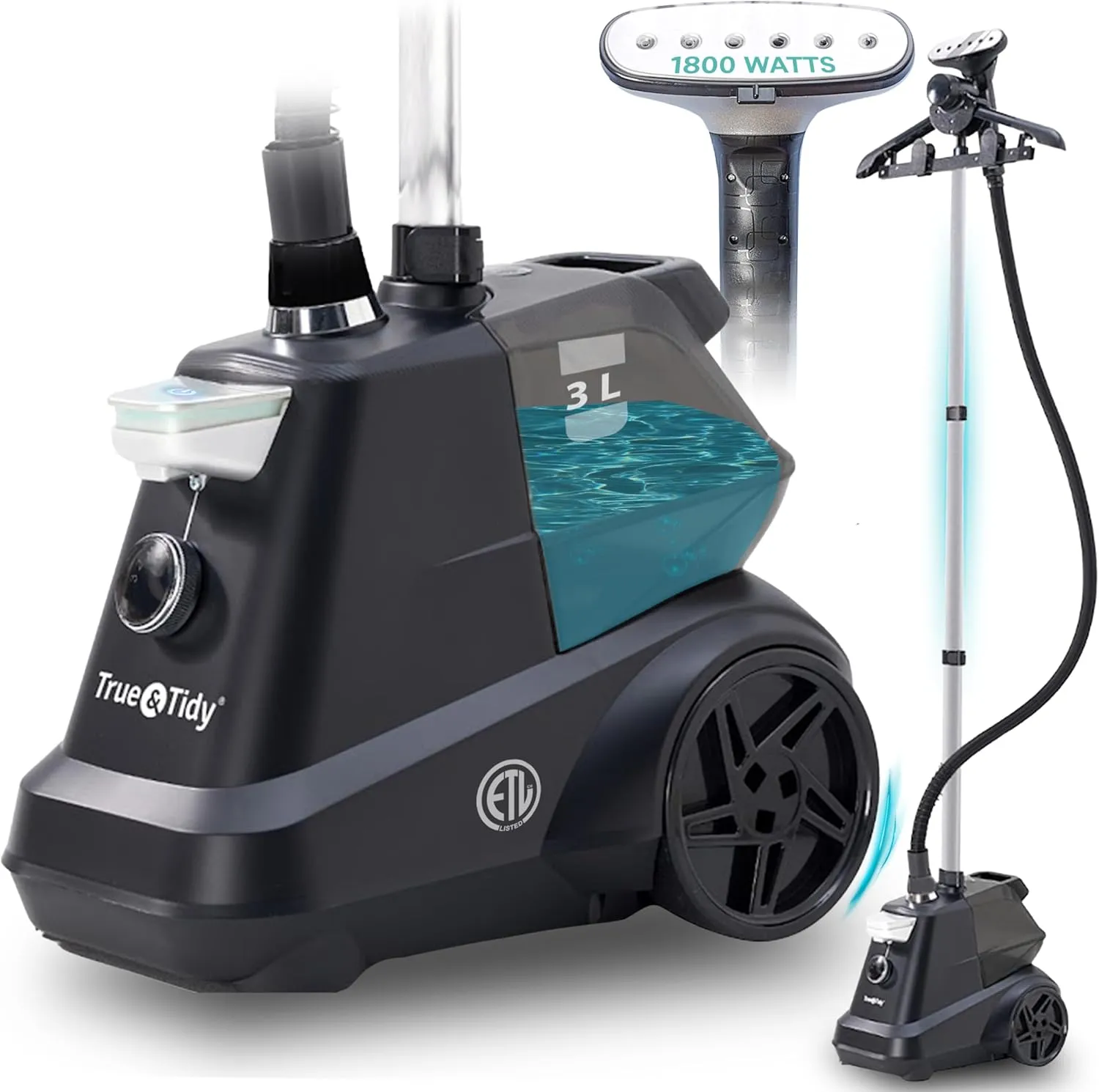 True & Tidy® Heavy-Duty Commercial Industrial Standing Garment Steamer for Clothes, 1800 watts, XL 3L water tank 90  mins of Steam 3 Steam Settings, Step On/Off Control, Wheels for Easy Movement