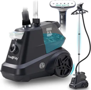 True & Tidy® Heavy-Duty Commercial Industrial Standing Garment Steamer for Clothes, 1800 watts, XL 3L water tank 90  mins of Steam 3 Steam Settings, Step On/Off Control, Wheels for Easy Movement