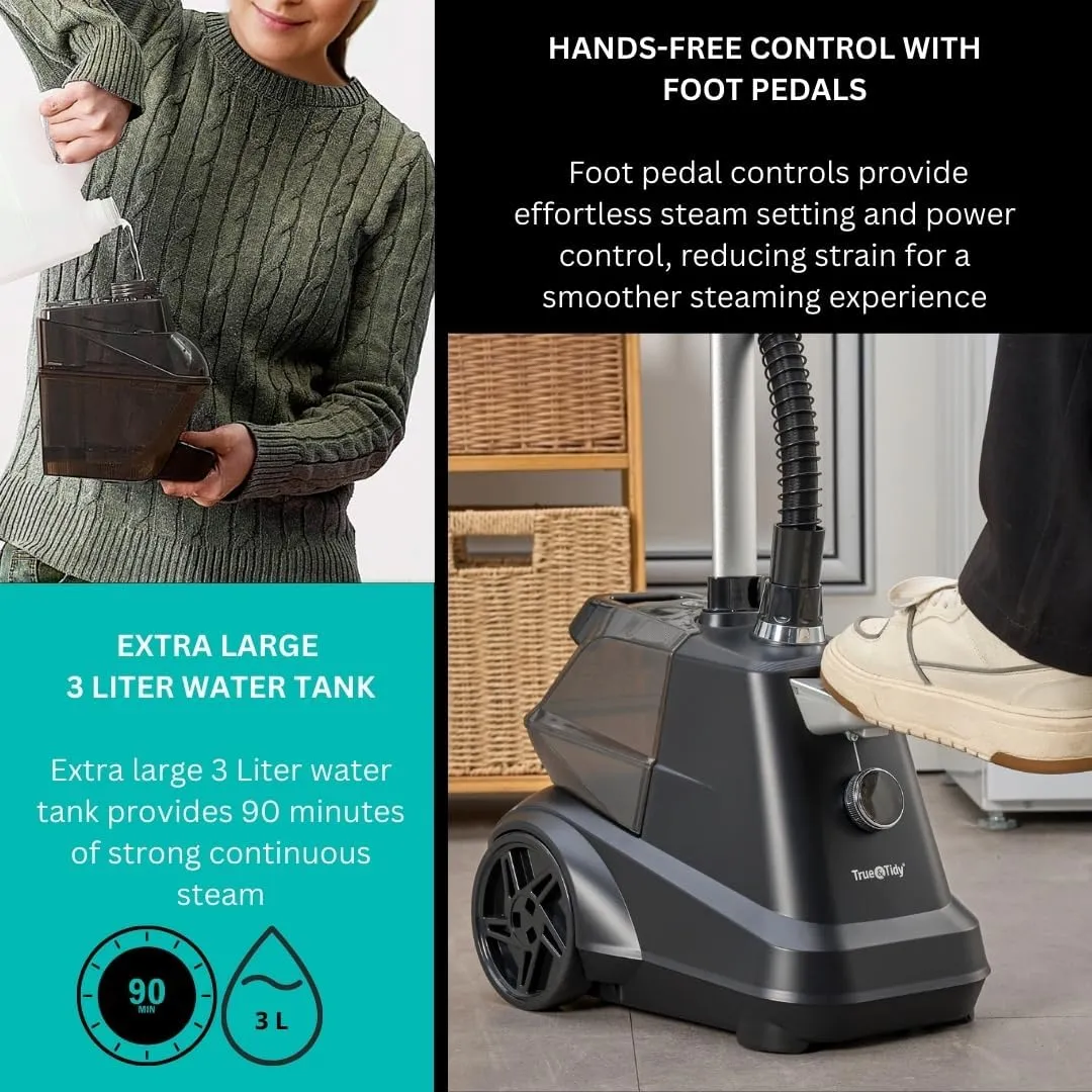 True & Tidy® Heavy-Duty Commercial Industrial Standing Garment Steamer for Clothes, 1800 watts, XL 3L water tank 90  mins of Steam 3 Steam Settings, Step On/Off Control, Wheels for Easy Movement