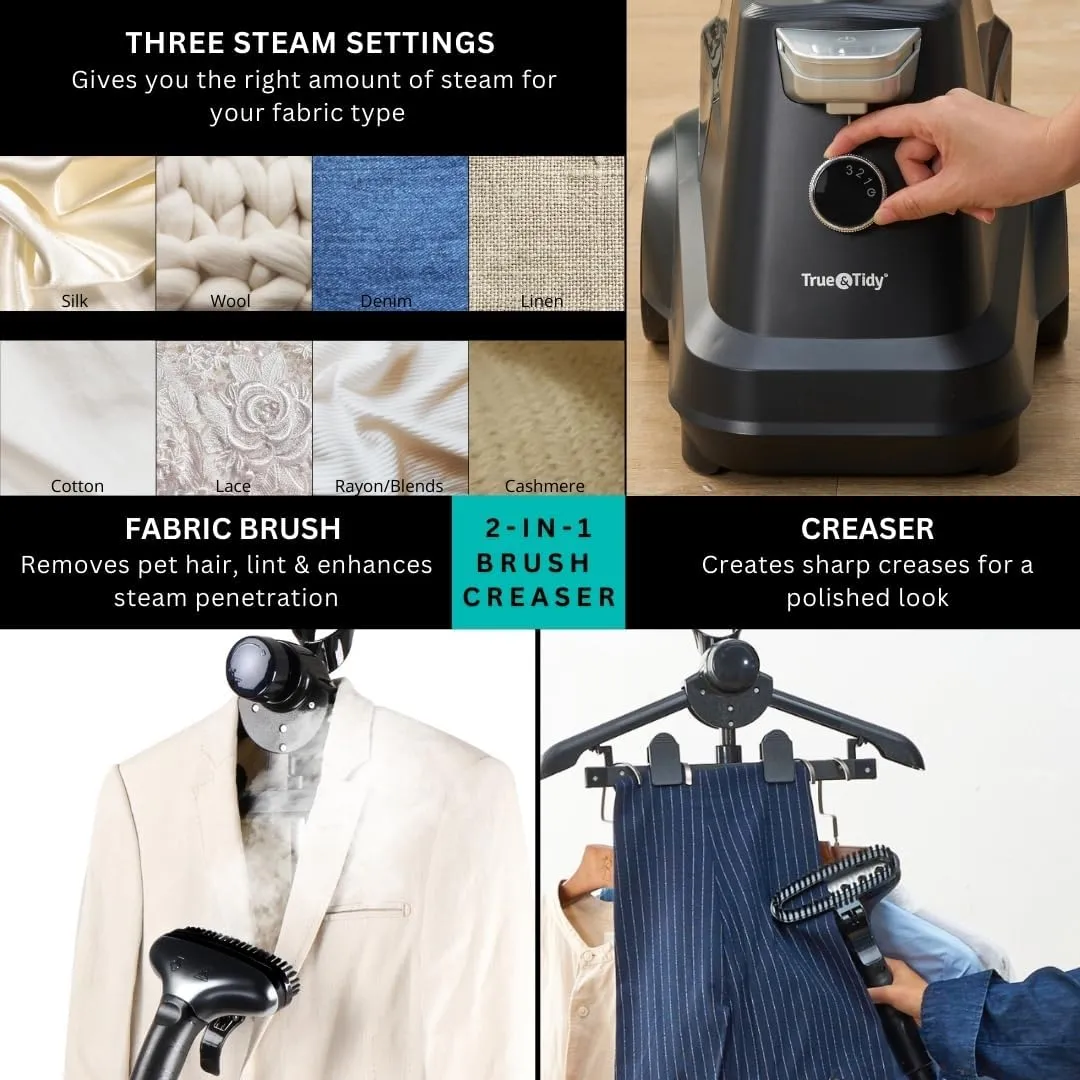 True & Tidy® Heavy-Duty Commercial Industrial Standing Garment Steamer for Clothes, 1800 watts, XL 3L water tank 90  mins of Steam 3 Steam Settings, Step On/Off Control, Wheels for Easy Movement