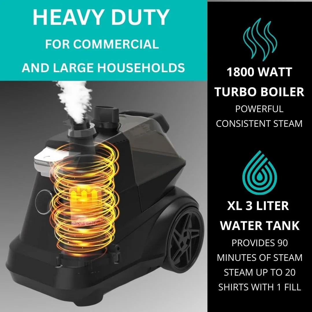 True & Tidy® Heavy-Duty Commercial Industrial Standing Garment Steamer for Clothes, 1800 watts, XL 3L water tank 90  mins of Steam 3 Steam Settings, Step On/Off Control, Wheels for Easy Movement