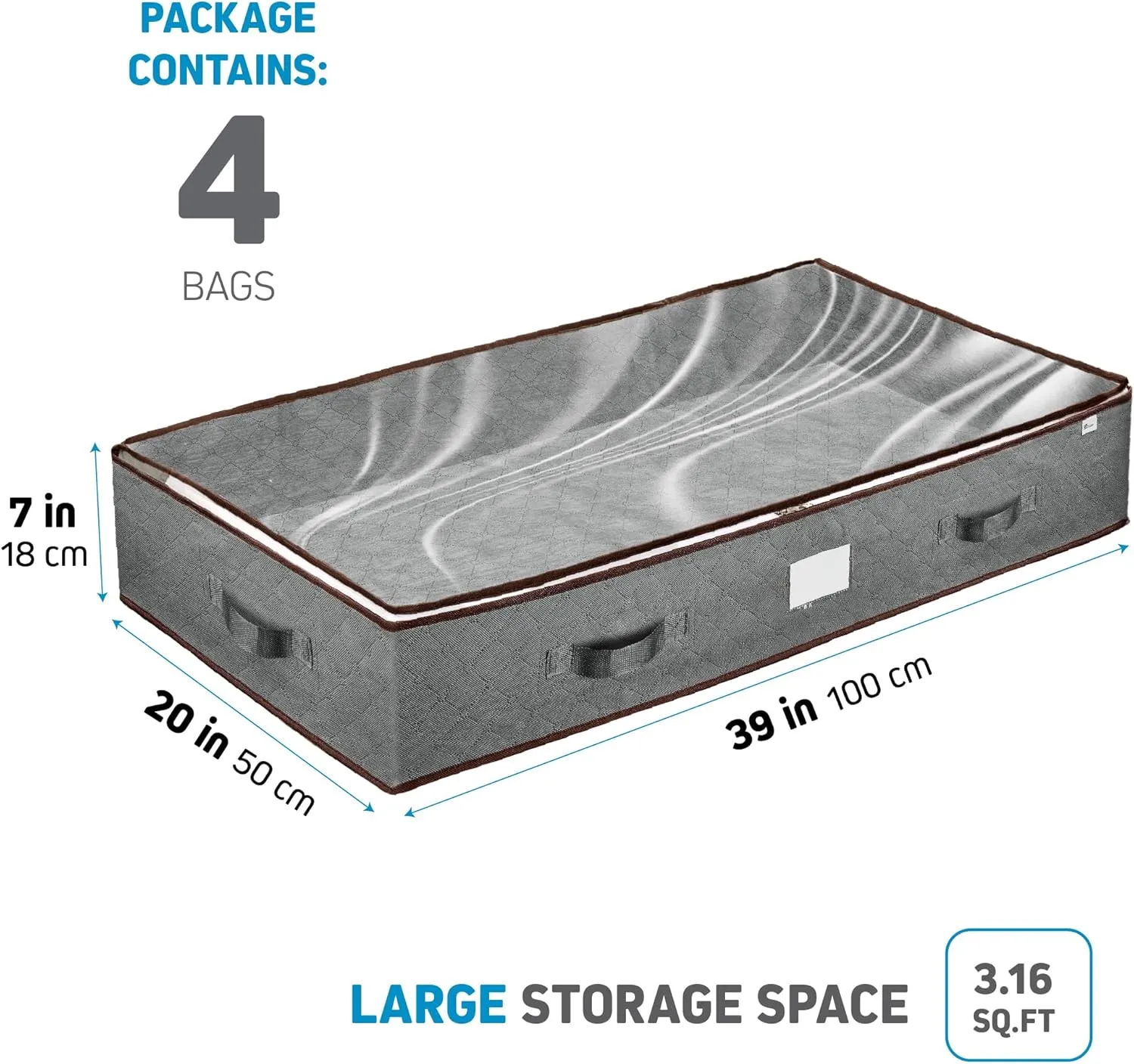 Under Bed Storage Bins - Pack Of 4 Under The Bed Storage Containers For Clothes, Blankets, Winter Clothing, & Shoes - Underbed Storage Containers With Handles, Dual Zippers, & Clear Top