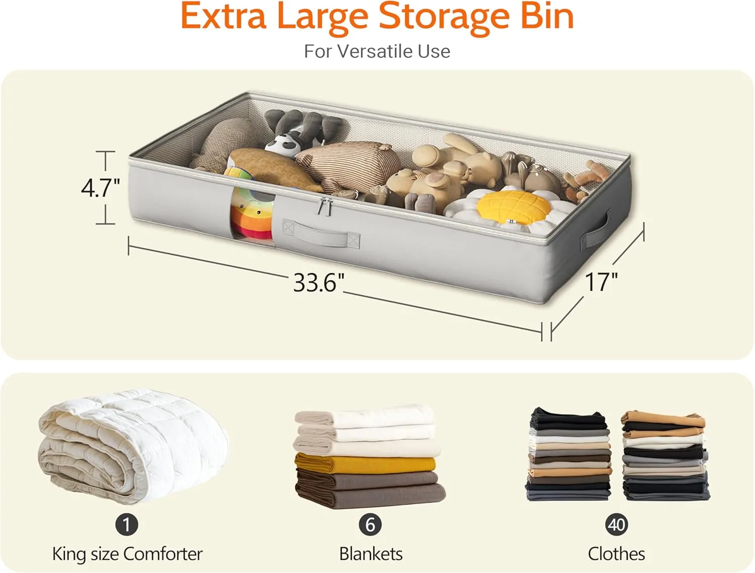 Under Bed Storage Containers with Window, Closet Organizers and Storage Bags, Foldable Underbed Storage Bags for Blankets, Clothing, Comforter, Linen Sheets, Wrapping Paper, 4 Pack, Grey