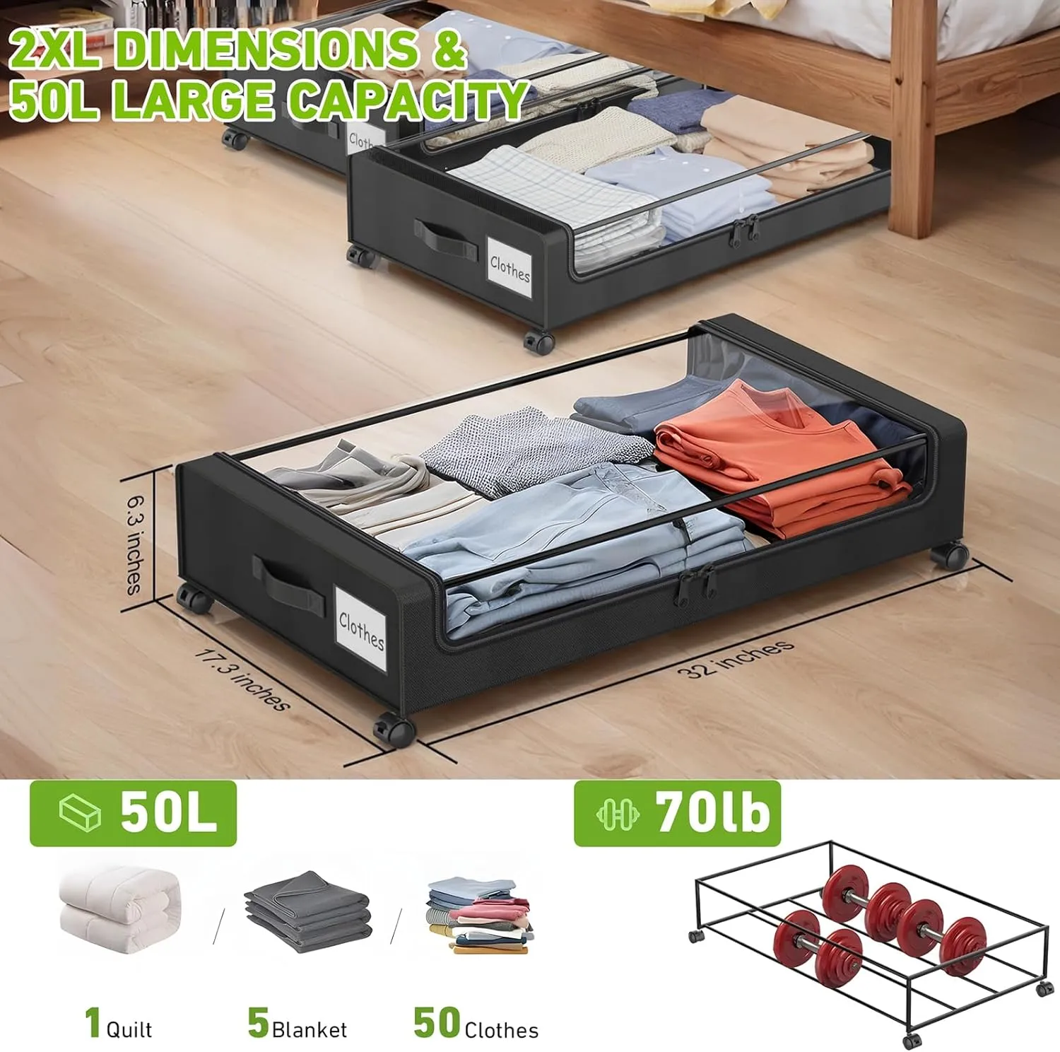 Under Bed Storage with Wheels, 2-Pack Under the Bed Storage Containers with Clear Lids & Label, Underbed Storage Bins, XXL 60L Rolling Metal Drawer for Clothes, Shoes, Toys, Books - Black