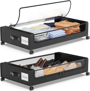 Under Bed Storage with Wheels, 2-Pack Under the Bed Storage Containers with Clear Lids & Label, Underbed Storage Bins, XXL 60L Rolling Metal Drawer for Clothes, Shoes, Toys, Books - Black