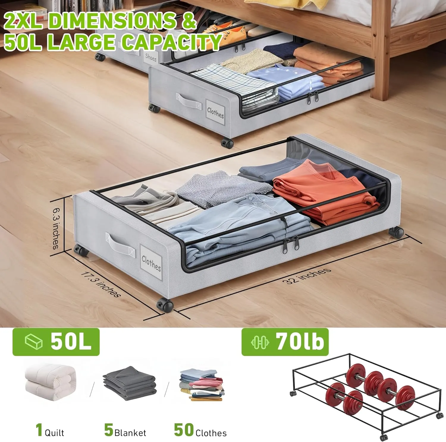 Under Bed Storage with Wheels, 2-Pack Under the Bed Storage Containers with Clear Lids & Label, Underbed Storage Bins, XXL 60L Rolling Metal Drawer for Clothes, Shoes, Toys, Books - Gray