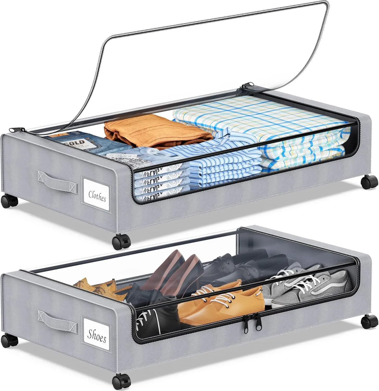 Under Bed Storage with Wheels, 2-Pack Under the Bed Storage Containers with Clear Lids & Label, Underbed Storage Bins, XXL 60L Rolling Metal Drawer for Clothes, Shoes, Toys, Books - Gray