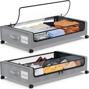 Under Bed Storage with Wheels, 2-Pack Under the Bed Storage Containers with Clear Lids & Label, Underbed Storage Bins, XXL 60L Rolling Metal Drawer for Clothes, Shoes, Toys, Books - Gray