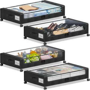 Under Bed Storage with Wheels, 4-Pack Under the Bed Storage Containers with Clear Lids & Label, Underbed Storage Bins, XXL 60L Rolling Metal Drawer for Clothes, Shoes, Toys, Books - Black