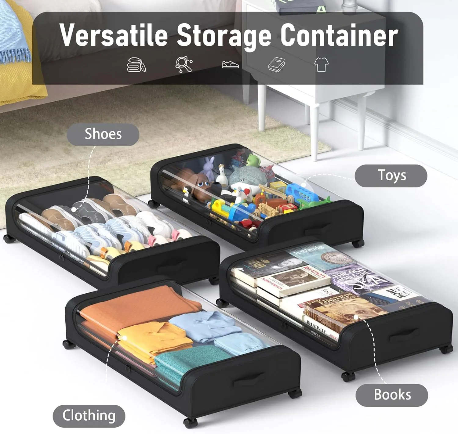 Under Bed Storage with Wheels and Lid, Under Bed Rolling Storage with XXL Large Capacity, Under the Bed Storage for Bedroom Under Bed Storage Containers for Clothes Shoe Blanket Toy Book byAUING,2Pack