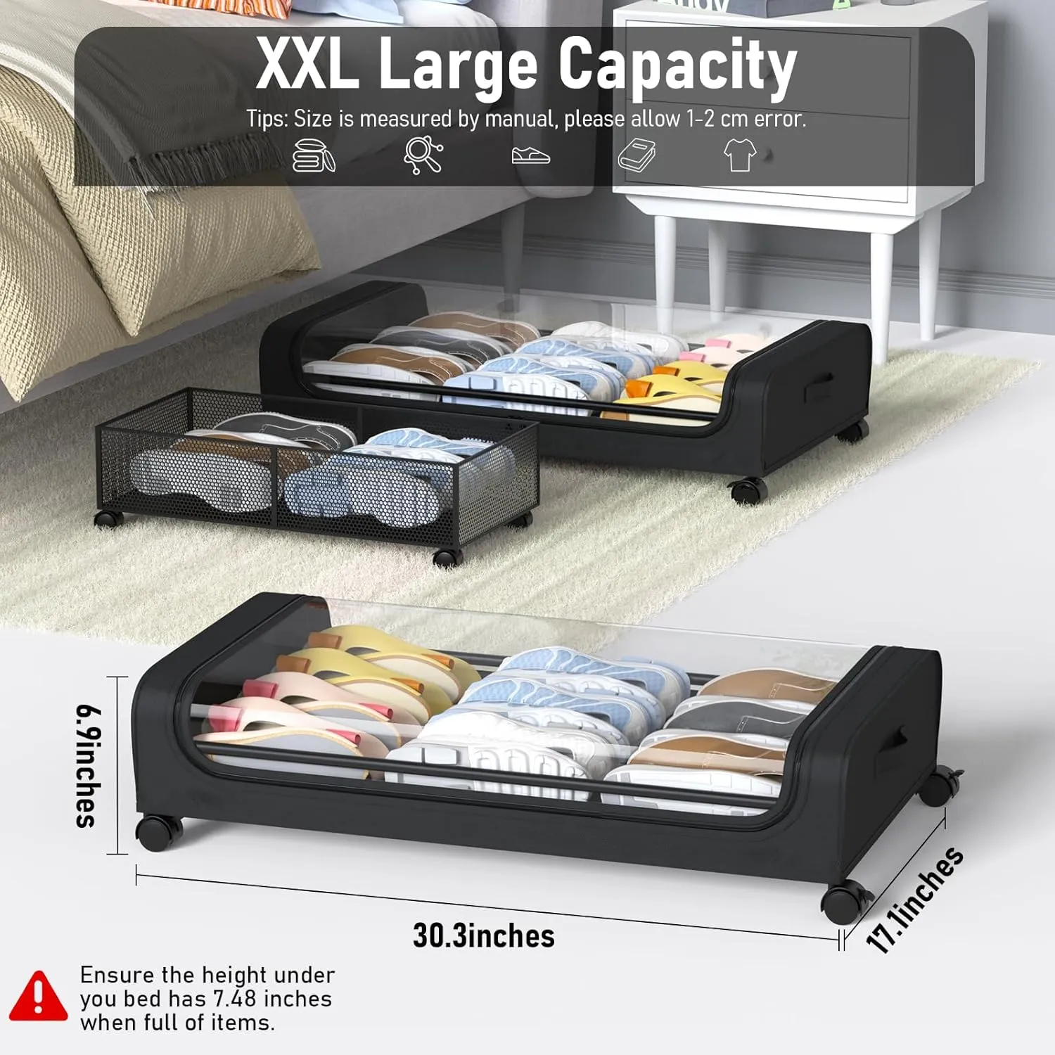 Under Bed Storage with Wheels and Lid, Under Bed Rolling Storage with XXL Large Capacity, Under the Bed Storage for Bedroom Under Bed Storage Containers for Clothes Shoe Blanket Toy Book byAUING,2Pack
