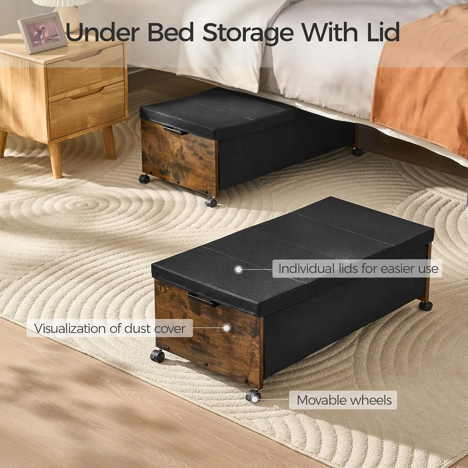 Under Bed Storage with Wheels, Bigger Size, Under Bed Drawers Heavy Duty, 2 Packs, Wooden Under Bed Storage Containers Organizer, Metal Frame, Patented Design