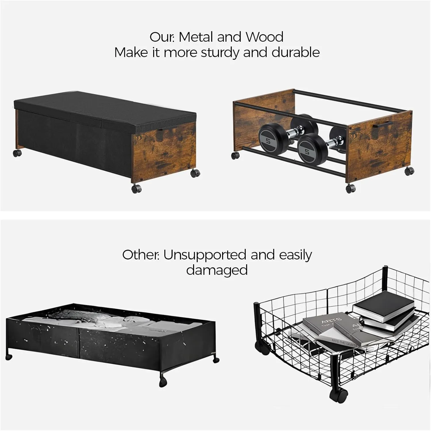 Under Bed Storage with Wheels, Bigger Size, Under Bed Drawers Heavy Duty, 2 Packs, Wooden Under Bed Storage Containers Organizer, Metal Frame, Patented Design